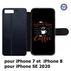 Etui cuir pour iPhone 7/8 et iPhone SE 2020 My Blood Type is Coffee - coque café