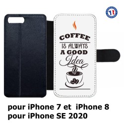 Etui cuir pour iPhone 7/8 et iPhone SE 2020 Coffee is always a good idea - fond blanc