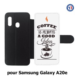 Etui cuir pour Samsung Galaxy A20e Coffee is always a good idea - fond blanc