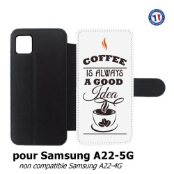 Etui cuir pour Samsung Galaxy A22 - 5G Coffee is always a good idea - fond blanc