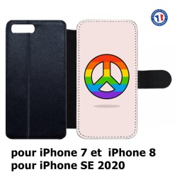 Etui cuir pour iPhone 7/8 et iPhone SE 2020 Peace and Love LGBT - couleur arc en ciel
