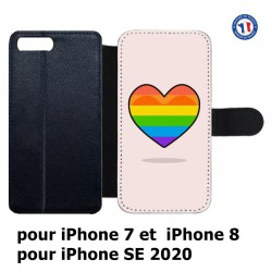 Etui cuir pour iPhone 7/8 et iPhone SE 2020 Rainbow hearth LGBT - couleur arc en ciel Coeur LGBT