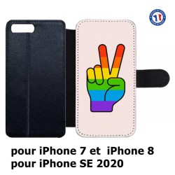 Etui cuir pour iPhone 7/8 et iPhone SE 2020 Rainbow Peace LGBT - couleur arc en ciel Main Victoire Paix LGBT