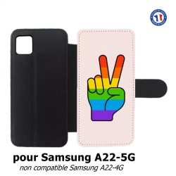 Etui cuir pour Samsung Galaxy A22 - 5G Rainbow Peace LGBT - couleur arc en ciel Main Victoire Paix LGBT
