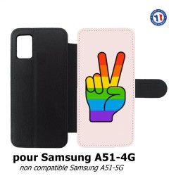 Etui cuir pour Samsung Galaxy A51 - 4G Rainbow Peace LGBT - couleur arc en ciel Main Victoire Paix LGBT