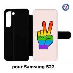 Etui cuir pour Samsung Galaxy S22 Rainbow Peace LGBT - couleur arc en ciel Main Victoire Paix LGBT
