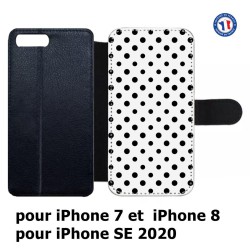 Etui cuir pour iPhone 7/8 et iPhone SE 2020 motif géométrique pattern noir et blanc - ronds noirs