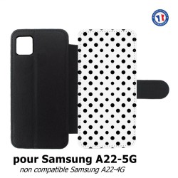 Etui cuir pour Samsung Galaxy A22 - 5G motif géométrique pattern noir et blanc - ronds noirs
