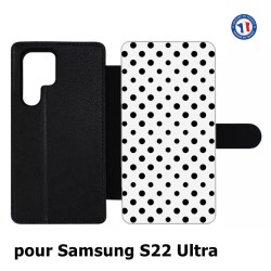 Etui cuir pour Samsung Galaxy S22 Ultra motif géométrique pattern noir et blanc - ronds noirs