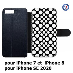 Etui cuir pour iPhone 7/8 et iPhone SE 2020 motif géométrique pattern N et B ronds blancs sur noir