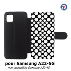 Etui cuir pour Samsung Galaxy A22 - 5G motif géométrique pattern N et B ronds blancs sur noir
