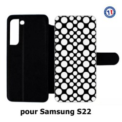 Etui cuir pour Samsung Galaxy S22 motif géométrique pattern N et B ronds blancs sur noir