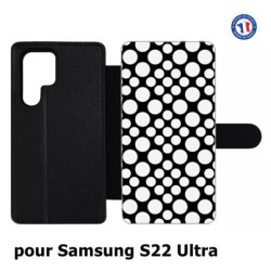 Etui cuir pour Samsung Galaxy S22 Ultra motif géométrique pattern N et B ronds blancs sur noir