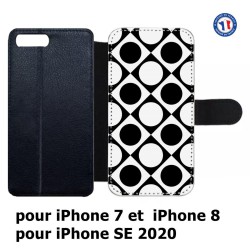 Etui cuir pour iPhone 7/8 et iPhone SE 2020 motif géométrique pattern noir et blanc - ronds et carrés