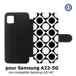 Etui cuir pour Samsung Galaxy A22 - 5G motif géométrique pattern noir et blanc - ronds et carrés