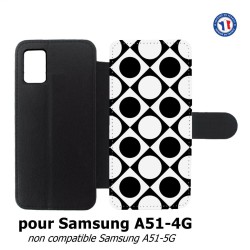 Etui cuir pour Samsung Galaxy A51 - 4G motif géométrique pattern noir et blanc - ronds et carrés