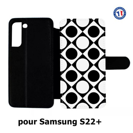 Etui cuir pour Samsung Galaxy S22 Plus motif géométrique pattern noir et blanc - ronds et carrés