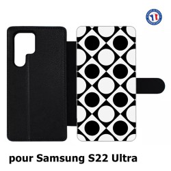 Etui cuir pour Samsung Galaxy S22 Ultra motif géométrique pattern noir et blanc - ronds et carrés
