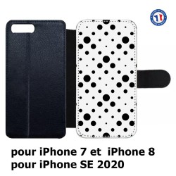 Etui cuir pour iPhone 7/8 et iPhone SE 2020 motif géométrique pattern noir et blanc - ronds noirs sur fond blanc