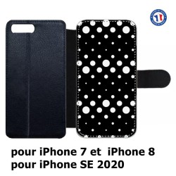 Etui cuir pour iPhone 7/8 et iPhone SE 2020 motif géométrique pattern N et B ronds noir sur blanc