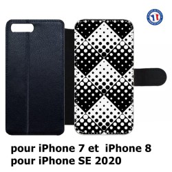 Etui cuir pour iPhone 7/8 et iPhone SE 2020 motif géométrique pattern noir et blanc - ronds carrés noirs blancs