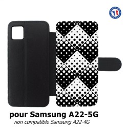 Etui cuir pour Samsung Galaxy A22 - 5G motif géométrique pattern noir et blanc - ronds carrés noirs blancs