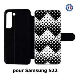 Etui cuir pour Samsung Galaxy S22 motif géométrique pattern noir et blanc - ronds carrés noirs blancs