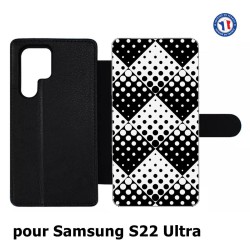 Etui cuir pour Samsung Galaxy S22 Ultra motif géométrique pattern noir et blanc - ronds carrés noirs blancs