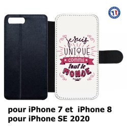 Etui cuir pour iPhone 7/8 et iPhone SE 2020 ProseCafé© coque Humour : Je suis unique comme tout le monde