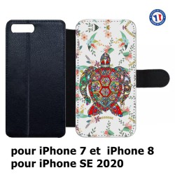 Etui cuir pour iPhone 7/8 et iPhone SE 2020 Tortue art floral