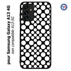 Coque pour Samsung Galaxy A13 4G et A13 4G lite motif géométrique pattern N et B ronds blancs sur noir