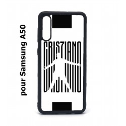 Coque noire pour Samsung Galaxy A50 Cristiano Ronaldo CR7 Juventus Foot noir sur fond blanc