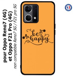 Coque pour Oppo Reno7 4G ou F21 pro 4G Be Happy sur fond orange - Soyez heureux - Sois heureuse - citation