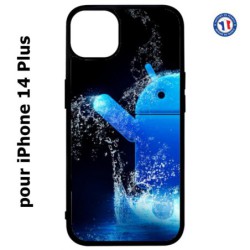 Coque pour iPhone 14 PLUS Bugdroid petit robot android bleu dans l'eau