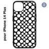 Coque pour iPhone 14 PLUS motif géométrique pattern N et B ronds blancs sur noir