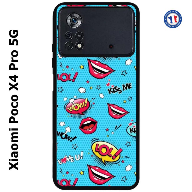 Coque pour Xiaomi Poco X4 Pro 5G Background lol Kiss Me Wow Love U baiser amour bleu wallpaper