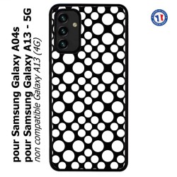 Coque pour Samsung Galaxy A13 - 5G et A04s motif géométrique pattern N et B ronds blancs sur noir