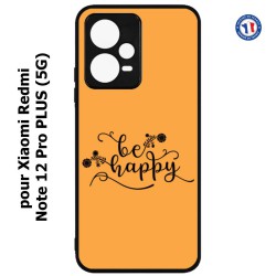 Coque pour Xiaomi Redmi Note 12 Pro PLUS (5G) - Be Happy sur fond orange - Soyez heureux - Sois heureuse - citation