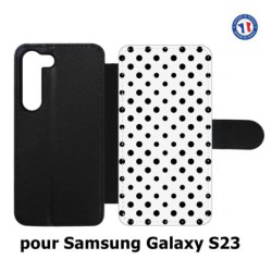Etui cuir pour Samsung Galaxy S23 motif géométrique pattern noir et blanc - ronds noirs