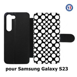 Etui cuir pour Samsung Galaxy S23 motif géométrique pattern N et B ronds blancs sur noir