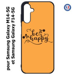 Coque pour Samsung Galaxy M14-5G et F14-5G Be Happy sur fond orange - Soyez heureux - Sois heureuse - citation