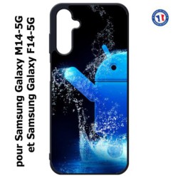 Coque pour Samsung Galaxy M14-5G et F14-5G Bugdroid petit robot android bleu dans l'eau