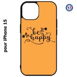 Coque pour iPhone 15 - Be Happy sur fond orange - Soyez heureux - Sois heureuse - citation
