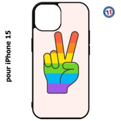 Coque pour iPhone 15 - Rainbow Peace LGBT - couleur arc en ciel Main Victoire Paix LGBT