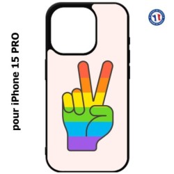 Coque pour iPhone 15 Pro - Rainbow Peace LGBT - couleur arc en ciel Main Victoire Paix LGBT