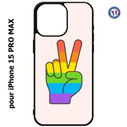 Coque pour iPhone 15 Pro Max - Rainbow Peace LGBT - couleur arc en ciel Main Victoire Paix LGBT