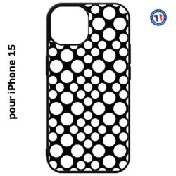 Coque pour iPhone 15 - motif géométrique pattern N et B ronds blancs sur noir