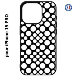 Coque pour iPhone 15 Pro - motif géométrique pattern N et B ronds blancs sur noir