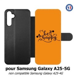 Etui cuir pour Samsung A25 5G - Be Happy sur fond orange - Soyez heureux - Sois heureuse - citation