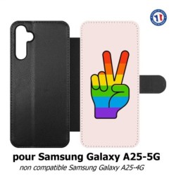 Etui cuir pour Samsung A25 5G - Rainbow Peace LGBT - couleur arc en ciel Main Victoire Paix LGBT